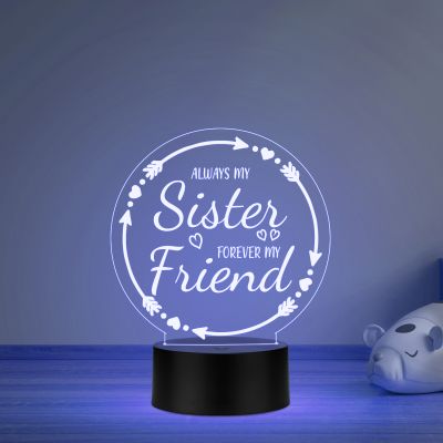 Always My Sister Forever My Friend Heartfelt Quote Acrylic Night Light for Bedroom   Meaningful Birthday & Wedding Gift for Sisters   Multicolored Light & USB Powered